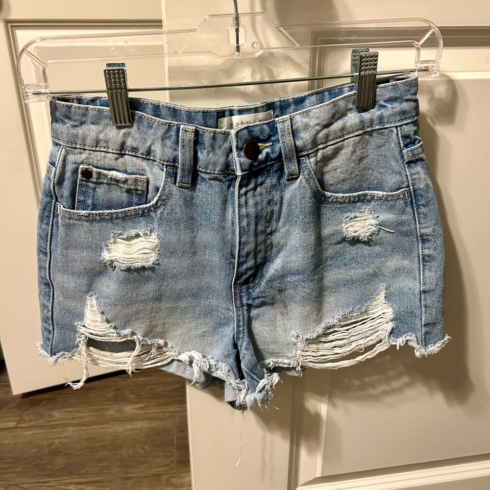Blue Distressed Jean Shorts with Frayed Hem